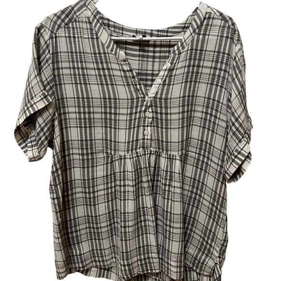 Lucky Brand Tops - Lucky Brand Plaid Short Sleeve Baby Doll Gray & White Women's Top Size Large